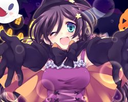 Rule 34 | 10s, 1girl, ;d, black gloves, blue eyes, blush, bow, bowtie, cape, dancing stars on me!, dress, ghost, gloves, halloween, halloween costume, happy, hat, jack-o&#039;-lantern, kaityuu1170, long hair, looking at viewer, love live!, love live! school idol festival, love live! school idol project, one eye closed, open mouth, outstretched arms, outstretched hand, pumpkin, purple dress, purple hair, smile, solo, tojo nozomi, witch hat
