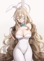 Rule 34 | 1girl, akane (blue archive), akane (bunny) (blue archive), animal ears, bad id, bad pixiv id, bare shoulders, beige background, blue archive, blush, bow, bowtie, breasts, cleavage, closed eyes, cowboy shot, detached collar, fake animal ears, glasses, gloves, hair between eyes, hairband, halo, highres, hyosi, large breasts, leotard, light brown hair, long hair, off shoulder, pantyhose, parted lips, playboy bunny, simple background, smile, solo, white gloves, white hairband, white leotard, white pantyhose