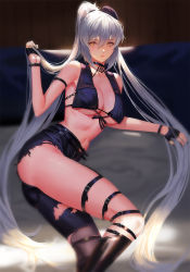 Rule 34 | 1girl, ahoge, bare shoulders, belt, bikini, bikini top only, black gloves, blush, breasts, cleavage, collarbone, fate/grand order, fate (series), fingerless gloves, gloves, highres, jeanne d&#039;arc (fate), jeanne d&#039;arc alter (fate), jeanne d&#039;arc alter (mystery treasure) (fate), large breasts, long hair, looking at viewer, mystery treasure, nail polish, navel, official alternate costume, ponytail, sansan (dongfangzhong111), silver hair, swimsuit, thighs, very long hair, yellow eyes
