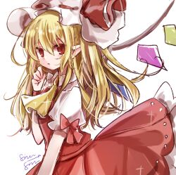 Rule 34 | 1girl, ascot, bow, collared shirt, cowboy shot, flandre scarlet, from side, hair between eyes, hat, hat ribbon, long hair, looking at viewer, messy hair, mob cap, pointy ears, red bow, red eyes, red ribbon, red skirt, red vest, ribbon, ribbon-trimmed headwear, ribbon trim, shimashiro itsuki, shirt, simple background, skirt, sleeve bow, solo, touhou, vest, white background, white hat, white shirt, yellow ascot