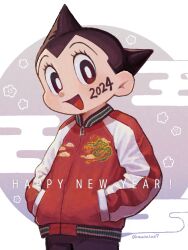 Rule 34 | 1boy, 2024, :d, android, artist name, atom (tetsuwan atom), black hair, child, cloud print, commentary request, cowboy shot, dragon, dragon print, eastern dragon, egasumi, hands in pockets, highres, jacket, looking at viewer, male focus, marias (harako), open mouth, pointy hair, red jacket, robot, short hair, simple background, smile, solo, tetsuwan atom