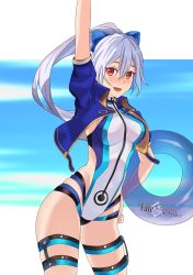 Rule 34 | 1girl, absurdres, arm up, blue bow, blue jacket, blue one-piece swimsuit, blush, bow, breasts, competition swimsuit, fate/grand order, fate (series), hair between eyes, hair bow, highleg, highleg swimsuit, highres, innertube, jacket, large breasts, long hair, looking at viewer, maxwelzy, one-piece swimsuit, open mouth, ponytail, red eyes, short sleeves, silver hair, smile, solo, swim ring, swimsuit, thigh strap, thighs, tomoe gozen (fate), tomoe gozen (swimsuit saber) (fate), tomoe gozen (swimsuit saber) (first ascension) (fate), two-tone swimsuit, white one-piece swimsuit