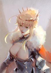 Rule 34 | 1girl, 3four, ahoge, armor, armored dress, artoria pendragon (fate), artoria pendragon (lancer) (fate), blonde hair, blue dress, braid, breasts, cape, cleavage, closed mouth, commentary, cross, crown, dress, fate/grand order, fate (series), french braid, fur trim, green eyes, large breasts, lipstick, long sleeves, looking at viewer, makeup, red cape, red lips, short hair with long locks, sidelocks, solo, upper body