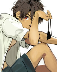 Rule 34 | 10s, 1boy, aldnoah.zero, brown eyes, brown hair, closed mouth, eyepatch, ichinose777, kaizuka inaho, looking at viewer, male focus, open clothes, shorts, simple background, solo, white background
