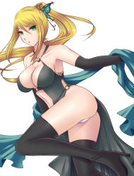 Rule 34 | 1girl, abdominal line, aqua eyes, ass, bad id, bad pixiv id, bare shoulders, black gloves, black thighhighs, blonde hair, boots, breasts, butterfly hair ornament, cleavage, dress, elbow gloves, female focus, gloves, hair ornament, halterneck, high heel boots, high heels, highres, kukua (mosushi), large breasts, long hair, long legs, metroid, nintendo, o-ring, o-ring top, panties, pantyshot, ponytail, samus aran, simple background, solo, super smash bros., thigh boots, thighhighs, underwear, white background, white panties