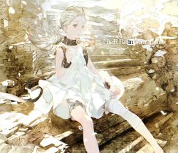 Rule 34 | 1girl, absurdres, artist name, bandages, bandaged leg, bandages, bangs pinned back, black collar, blonde hair, bloomers, closed mouth, collar, commentary request, copyright name, cuffs, dress, feet out of frame, floating hair, grey eyes, highres, long hair, nier (series), nier reincarnation, ruins, second-party source, signature, sitting, sleeveless, sleeveless dress, solo, stairs, taiki (luster), twintails, underwear, watermark, white dress, fio (nier)