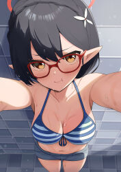 Rule 34 | 1girl, absurdres, aoto mei, armpits, ayane (blue archive), ayane (swimsuit) (blue archive), bikini, black hair, blue archive, braid, breasts, brown eyes, cleavage, collarbone, commentary request, crown braid, denim, denim shorts, from above, glasses, hair between eyes, halo, highres, indoors, looking at viewer, looking up, medium breasts, navel, official alternate costume, pointy ears, pout, pov, short hair, short shorts, shorts, sidelocks, single braid, solo, stomach, striped bikini, striped clothes, swimsuit, tearing up, tile floor, tile wall, tiles, wet bikini