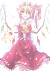Rule 34 | 1girl, ascot, backlighting, bad id, bad pixiv id, blonde hair, bow, brooch, female focus, flandre scarlet, hat, hat bow, jewelry, kikugetsu, mob cap, open mouth, outstretched arm, outstretched hand, petals, pink eyes, puffy sleeves, shirt, short sleeves, side ponytail, skirt, skirt set, smile, solo, touhou, vest, wing ribbon, wings, wrist cuffs