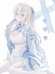 Rule 34 | 1girl, apron, arm support, blue bow, blue footwear, blue gemstone, blue ribbon, blue shawl, blue shirt, blue theme, blush, bow, bowtie, box, breasts, cleavage, collared shirt, commentary, cropped shirt, gem, gift, gift box, hair bow, hair ribbon, half updo, highres, holding, holding gift, large breasts, light smile, long hair, looking at viewer, maid apron, original, plaid, plaid bow, plaid bowtie, plaid ribbon, ribbon, shawl, shirt, shoes, sidelocks, sitting, solo, unusa, very long hair, wariza, wavy hair, white hair