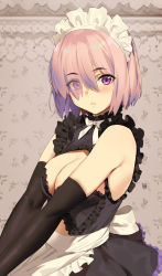 Rule 34 | 1girl, absurdres, alternate costume, apron, bad id, bad pixiv id, bare shoulders, black gloves, blush, breasts, cleavage, cleavage cutout, clothing cutout, elbow gloves, enmaided, eyes visible through hair, fate/grand order, fate (series), floral background, frills, gloves, grey background, hair over one eye, highres, large breasts, lips, looking at viewer, maid, maid apron, maid headdress, mash kyrielight, parted lips, pink hair, purple eyes, ribbon, short hair, signature, solo, upper body, waist apron, yd (orange maru)