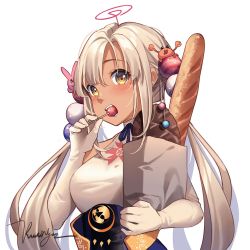 Rule 34 | 1girl, bag, baguette, blush, bread, breasts, brown eyes, candy, commentary, elbow gloves, food, food in mouth, gloves, hair ornament, highres, holding, holding bag, holding food, hololive, hololive english, kaniko (tsukumo sana), kuri (animejpholic), large breasts, light brown hair, limiter (tsukumo sana), lollipop, long hair, looking at viewer, open mouth, paper bag, planet hair ornament, shirt, signature, simple background, tsukumo sana, tsukumo sana (1st costume), upper body, usaslug (tsukumo sana), virtual youtuber, white background, white gloves, white shirt