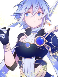 Rule 34 | 1girl, absurdres, armor, black gloves, blue armor, blue eyes, blue gloves, blue hair, breasts, commentary request, gloves, grey background, hair between eyes, hair ornament, hand up, highres, light particles, medium breasts, neosight, parted lips, short hair, shoulder armor, simple background, sinon, sinon (solus), solo, sword art online, sword art online: alicization, sword art online: alicization - war of underworld, teeth, twitter username, upper body