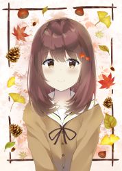 Rule 34 | 1girl, 7 calpis 7, autumn leaves, black ribbon, blush, brown cardigan, brown eyes, brown hair, cardigan, closed mouth, commentary request, ginkgo tree, ginkgo leaf, hair between eyes, highres, leaf, long hair, looking at viewer, maple leaf, neck ribbon, original, pinecone, ribbon, sailor collar, school uniform, serafuku, smile, solo, upper body, white sailor collar