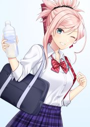 Rule 34 | 1girl, ;), bag, black scrunchie, blue background, blue eyes, blush, bottle, bow, bowtie, breasts, collared shirt, contemporary, dress shirt, fate/grand order, fate (series), grin, hair between eyes, hair ornament, hair scrunchie, high ponytail, highres, long hair, long sleeves, looking at viewer, medium breasts, miyamoto musashi (fate), one eye closed, pink hair, pleated skirt, ponytail, purple skirt, red bow, school bag, school uniform, scrunchie, shino skk, shirt, sidelocks, simple background, skirt, sleeves rolled up, smile, solo, water bottle, white shirt