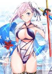 Rule 34 | 1girl, absurdres, asymmetrical hair, blue eyes, blue one-piece swimsuit, blush, breasts, bun cover, cleavage, fate/grand order, fate (series), hair bun, highres, large breasts, long hair, looking at viewer, miyamoto musashi (fate), miyamoto musashi (fate/grand order), miyamoto musashi (swimsuit berserker) (fate), miyamoto musashi (swimsuit berserker) (third ascension) (fate), navel, one-piece swimsuit, pink hair, side bun, single hair bun, single side bun, smile, sparkle, swept bangs, swimsuit, thighhighs, thighs, toy sword, xobox
