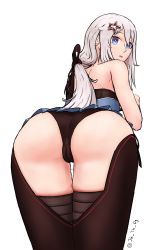 Rule 34 | 1girl, 9a-91 (girls&#039; frontline), absurdres, ass, ass focus, bare shoulders, blue eyes, blush, cameltoe, chaps, from behind, girls&#039; frontline, hair ornament, hairclip, highres, huge ass, jkthdg, leaning, leaning forward, long hair, looking at viewer, looking back, miniskirt, open mouth, panties, shiny skin, skirt, solo, thick thighs, thighhighs, thighs, underwear, upskirt, white background, white hair