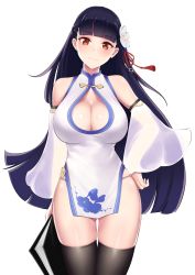 Rule 34 | 1girl, absurdres, azur lane, bare shoulders, black thighhighs, blunt bangs, breasts, china dress, chinese clothes, cleavage, cleavage cutout, closed mouth, clothing cutout, cowboy shot, detached sleeves, dress, flower, hair flower, hair ornament, hand on own hip, high collar, highres, holding, hyo18, large breasts, light smile, long hair, long sleeves, looking at viewer, orange eyes, panties, pelvic curtain, purple hair, shiny skin, side slit, simple background, skindentation, sleeveless, sleeveless dress, smile, solo, string panties, thighhighs, underwear, white background, white dress, wide sleeves, yat sen (azur lane)