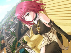 Rule 34 | 1girl, city, cityscape, cross, dutch angle, elbow gloves, fingerless gloves, game cg, gloves, jewelry, kannatsuki noboru, latin cross, maou to odore!, necklace, red hair, short hair, sitting, solo, wicca amurita, wind, yellow eyes
