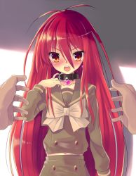 Rule 34 | 1boy, 1girl, blush, buttons, collar, collarbone, earrings, embarrassed, hair between eyes, heart, heart earrings, jewelry, long hair, long sleeves, looking at viewer, midriff, nose blush, ohlia, open mouth, red eyes, red hair, sailor collar, school uniform, shakugan no shana, shana, solo focus, standing, teeth, very long hair