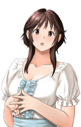 Rule 34 | 1girl, :o, absurdres, amagami, blue skirt, blush, breasts, brown eyes, brown hair, cleavage, collarbone, commentary, english commentary, hair behind ear, head tilt, highres, interlocked fingers, large breasts, looking at viewer, medium hair, raffijoe5, sakurai rihoko, shirt, shirt tucked in, skirt, solo, surprised, upper body, white background, white shirt