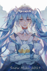 Rule 34 | 1girl, bad id, bad pixiv id, bare shoulders, blue dress, blue eyes, blue hair, blurry, brooch, character name, collarbone, commentary, depth of field, detached collar, hugging doll, dress, earrings, english commentary, fortissimo, glint, gloves, hair between eyes, hair ornament, hair ribbon, hatsune miku, highres, jewelry, juliet sleeves, lococo:p, long hair, long sleeves, looking at viewer, musical note, musical note hair ornament, hugging object, off shoulder, parted lips, puffy sleeves, rabbit, ribbon, snowflake hair ornament, solo, star (symbol), star hair ornament, striped, stuffed animal, stuffed toy, tiara, twintails, upper body, vocaloid, white gloves, white ribbon, yuki miku