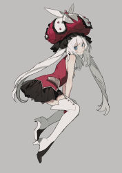 Rule 34 | 1girl, absurdres, bad id, bad pixiv id, bare arms, bare shoulders, between legs, black skirt, blue eyes, blush, boots, closed mouth, eyebrows hidden by hair, fate/grand order, fate (series), frilled hat, frills, full body, grey background, hand between legs, hat, high heel boots, high heels, highres, long hair, looking at viewer, looking back, marie antoinette (fate), pleated skirt, red hat, red shirt, shirt, shoe soles, simple background, sketch, skirt, sleeveless, sleeveless shirt, smile, solo, thigh boots, thighhighs, twintails, very long hair, white footwear, white hair, white thighhighs, zhibuji loom