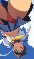 Rule 34 | 1990s (style), 1girl, blue sailor collar, brown eyes, brown hair, buruma, capcom, from below, go robots, kasugano sakura, looking down, midriff, panties, pantyshot, red panties, sailor collar, school uniform, serafuku, short hair, solo, street fighter, street fighter zero (series), sweatdrop, thighs, underwear