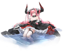 Rule 34 | 1girl, absurdres, azur lane, bare shoulders, black sleeves, blush, breasts, cleavage, detached collar, detached sleeves, hair over one eye, highres, horns, huge horns, licking lips, long hair, long horns, mark jin, partially submerged, pink hair, prinz rupprecht (azur lane), purple eyes, red skirt, simple background, sitting, skirt, sleeves past fingers, sleeves past wrists, solo, thighs, tongue, tongue out, very long hair, water, white background