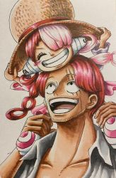 Rule 34 | 1boy, 1girl, aged down, blouse, carrying, child, daichan op, dress, facial hair, father and daughter, grin, happy, hat, headphones, highres, jacket, jolly roger, long hair, looking at another, multicolored hair, oda eiichirou (style), official alternate costume, official style, one piece, one piece film: red, open clothes, open mouth, open shirt, pirate hat, red hair, scar, scar across eye, shanks (one piece), shirt, short hair, simple background, size difference, smile, straw hat, two-tone hair, two side up, uta (one piece), very long hair, white background