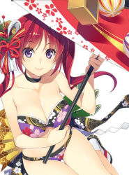 Rule 34 | 1girl, bikini, breasts, choker, cleavage, hand fan, from above, hisho collection, japanese clothes, large breasts, long hair, looking at viewer, mmu, official art, purple eyes, red hair, smile, solo, strapless, swimsuit, thigh gap, twintails, umbrella