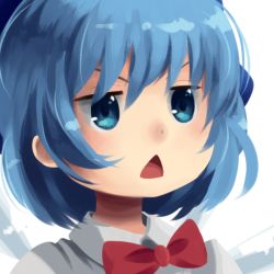 Rule 34 | 1girl, blue eyes, blue hair, boa (brianoa), bow, bowtie, cirno, close-up, dot nose, female focus, jitome, matching hair/eyes, miyauchi renge, no lineart, non non biyori, open mouth, portrait, red bow, red bowtie, short hair, solo, touhou, transparent background, triangle mouth, v-shaped eyebrows, wing collar