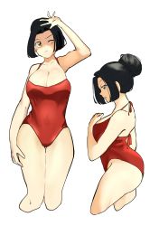 Rule 34 | 1990s (style), 1girl, absurdres, akkasayu, ass, black hair, breasts, cleavage, closed mouth, covered navel, cropped legs, hair bun, hand on own thigh, highres, large breasts, long hair, looking up, one-piece swimsuit, one eye closed, original, red one-piece swimsuit, retro artstyle, sayuri (akkasayu), solo, swimsuit, thick thighs, thighs, very long hair, white background, yellow eyes