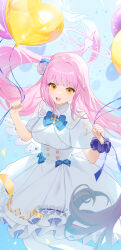 Rule 34 | 1girl, absurdres, balloon, blue archive, breasts, commentary request, dress, hair bun, halo, highres, holding, holding balloon, karing, large breasts, long hair, looking at viewer, mika (blue archive), open mouth, pink hair, pink halo, scrunchie, single side bun, smile, solo, white dress, wrist scrunchie, yellow eyes
