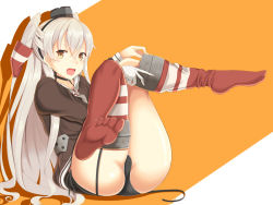 Rule 34 | 10s, 1girl, amatsukaze (kancolle), black panties, brown eyes, chimney, dress, dressing, feet, garter straps, gloves, hair tubes, kantai collection, knees together feet apart, long hair, no shoes, panties, red thighhighs, sailor dress, silver hair, soles, solo, striped clothes, striped thighhighs, thighhighs, toes, twintails, two side up, underwear, very long hair, zukky
