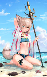 Rule 34 | 1girl, absurdres, ahoge, animal ears, arknights, arm up, bandeau, bare legs, barefoot, beach, bikini, blue sky, blush, cloud, commentary, day, fang, flat chest, fox ears, fox tail, green eyes, hair between eyes, highres, holding, holding staff, jacket, looking at viewer, material growth, navel, ocean, open clothes, open jacket, open mouth, oripathy lesion (arknights), outdoors, seiza, short hair, silver hair, sitting, sky, solo, staff, starfish, stomach, sussurro (arknights), swimsuit, tail, thigh strap, thighs, timitarcat, water, white jacket