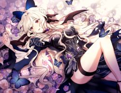 Rule 34 | banyan, black dress, blonde hair, blue butterfly, braid, bug, butterfly, butterfly hair ornament, commentary, commission, crown braid, dress, english commentary, eyebrows hidden by hair, flower, hair ornament, head wings, highres, indie virtual youtuber, insect, kisuumi (vtuber), long hair, looking to the side, lying, on ground, open mouth, pink flower, red eyes, second-party source, solo, thigh strap, virtual youtuber, wings