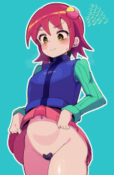 1girl blue_vest blush buzzlyears clothes_lift female_focus hair_ornament highres maebari mayl_sakurai_(mega_man) medium_hair mega_man_(series) mega_man_battle_network pink_skirt red_hair shiny_skin simple_background skirt skirt_lift thighs vest yellow_eyes