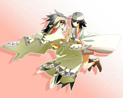 Rule 34 | 2girls, artist request, black hair, blush, damuko, feathers, headband, holding hands, long hair, looking at viewer, multiple girls, rutherford, shaman king, smile, spoilers, wristband