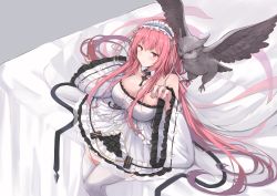 Rule 34 | 1girl, absurdres, arm up, azur lane, bare shoulders, bird, blush, breasts, cleavage, detached collar, detached sleeves, dress, frilled dress, frills, hakuya (white night), headdress, highres, jewelry, key, key necklace, large breasts, long hair, necklace, owl, perseus (azur lane), pink eyes, pink hair, ribbon, sitting, thighhighs, twintails, very long hair, white headwear