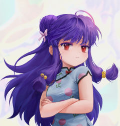 Rule 34 | 1girl, absurdres, bell, blunt tresses, china dress, chinese clothes, closed mouth, crossed arms, double bun, dress, expressionless, eyebrows hidden by hair, hair bell, hair bun, hair ornament, highres, jingle bell, long hair, looking at viewer, purple hair, ranma 1/2, red eyes, shampoo (cat), shampoo (ranma 1/2), short sleeves, solo, tanna, upper body