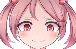 Rule 34 | 10s, 1girl, :3, blush, gesugao, hair bobbles, hair ornament, heart, heart-shaped pupils, kantai collection, looking at viewer, neit ni sei, pink eyes, pink hair, portrait, sazanami (kancolle), solo, symbol-shaped pupils, twintails, yaruo