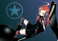 Rule 34 | 1girl, ahoge, bad id, bad pixiv id, dress, hair ornament, hairclip, headphones, headset, highres, joints, kneehighs, long hair, multicolored clothes, multicolored legwear, musical note, red eyes, red hair, robot joints, sf-a2 miki, smile, socks, solo, striped clothes, striped socks, striped thighhighs, thighhighs, todoroki (pixiv), todoroki (xttn9dul), vocaloid, zettai ryouiki