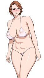 Rule 34 | 1girl, areolae, bikini, breasts, brown eyes, brown hair, cleavage, collarbone, contrapposto, covered erect nipples, eyebrows, eyebrows behind hair, eyebrows visible through hair, eyelashes, eyes visible through hair, facing to the side, feet out of frame, female focus, large breasts, lips, lipstick, looking to the side, makeup, mascara, matching hair/eyes, mature female, nipples, original, parted lips, pink lips, see-through, shiny, shiny clothes, shiny hair, shiny skin, short hair, simple background, solo, swimsuit, tatsunami youtoku, white background, white bikini, white swimsuit
