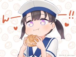 Rule 34 | + +, 1girl, :i, black hair, blue sailor collar, blush, cream puff, dated, dress, eating, food, food on face, hair between eyes, hat, heart, holding, holding food, kantai collection, kirigaya yuuji, one-hour drawing challenge, purple eyes, sailor collar, sailor dress, short sleeves, shounan (kancolle), solo, twintails, twitter username, upper body, white dress, white hat