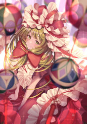Rule 34 | 1girl, absurdres, blurry, blurry background, blurry foreground, blush, bow, depth of field, dress, frills, front ponytail, green eyes, hat, highres, kagiyama hina, long hair, looking at viewer, red bow, red skirt, ribbon, short sleeves, skirt, smile, solo, totomiya, touhou
