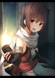 Rule 34 | 10s, 1girl, bad id, bad pixiv id, black neckerchief, brown eyes, brown gloves, brown hair, can, canned coffee, coffee, drink can, elbow gloves, gloves, highres, kantai collection, looking at viewer, neckerchief, open mouth, rerrere, scarf, school uniform, sendai (kancolle), sendai kai ni (kancolle), shirt, sitting, skirt, sleeveless, sleeveless shirt, smile, solo