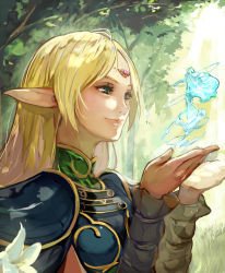 Rule 34 | 1girl, absurdres, armor, blonde hair, breastplate, cape, circlet, closed mouth, deedlit, elf, flower, forest, green eyes, hide (hideout), highres, light rays, lily (flower), long hair, nature, outdoors, pointy ears, record of lodoss war, smile, solo, spirit, white flower