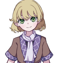 Rule 34 | 1girl, absurdres, black shirt, blonde hair, breasts, brown jacket, green eyes, highres, jacket, kame (kamepan44231), light blush, mizuhashi parsee, multicolored clothes, multicolored jacket, one-hour drawing challenge, pointy ears, scarf, shirt, short hair, short sleeves, simple background, small breasts, smile, solo, touhou, white background, white scarf