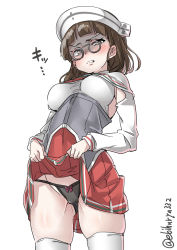 Rule 34 | 1girl, blush, breasts, brown eyes, brown hair, clothes lift, cowboy shot, ebifurya, eyewear strap, glasses, gluteal fold, groin, hat, highres, kantai collection, lifting own clothes, long hair, looking at viewer, medium breasts, panties, pince-nez, pleated skirt, pussy, red skirt, roma (kancolle), shaded face, short hair, simple background, skirt, skirt lift, solo, thighhighs, twitter username, underwear, white background, white thighhighs