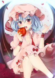Rule 34 | 1girl, absurdres, apple, bad id, bad pixiv id, bare legs, bat wings, blue hair, blush, bow, crossed legs, fangs, flower, food, fruit, hair between eyes, hat, hat ribbon, highres, holding, holding food, holding fruit, looking at viewer, miri (miri0xl), mob cap, nail polish, open mouth, petals, pink hat, pink skirt, red bow, red eyes, red flower, red nails, red ribbon, red rose, remilia scarlet, ribbon, rose, rose petals, short hair, skirt, solo, tongue, touhou, unbuttoned, wing collar, wings, wrist cuffs
